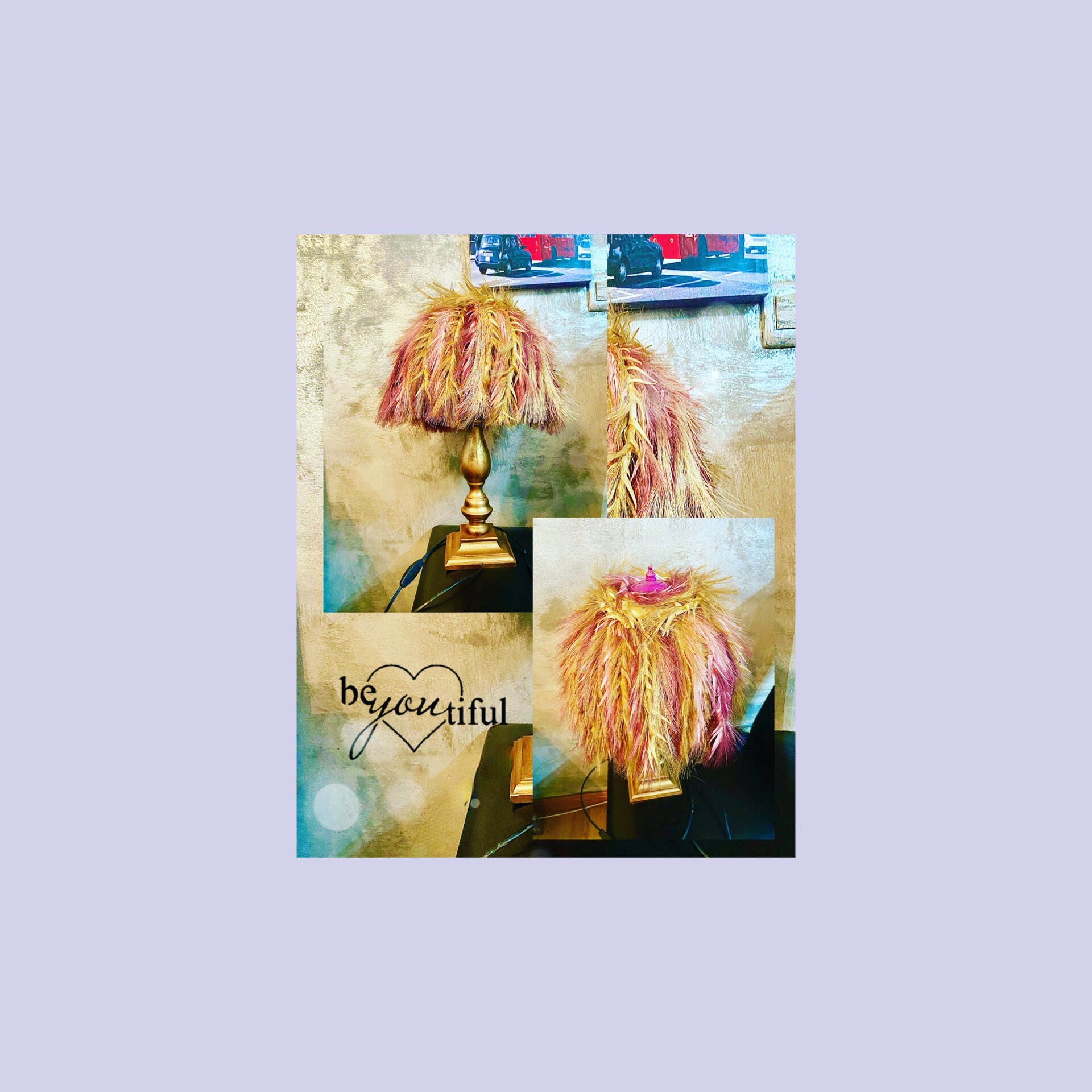 Lámpara Reciclada con Tulipa de Plumas de Madera Rosas | Decoración Sostenible - 2