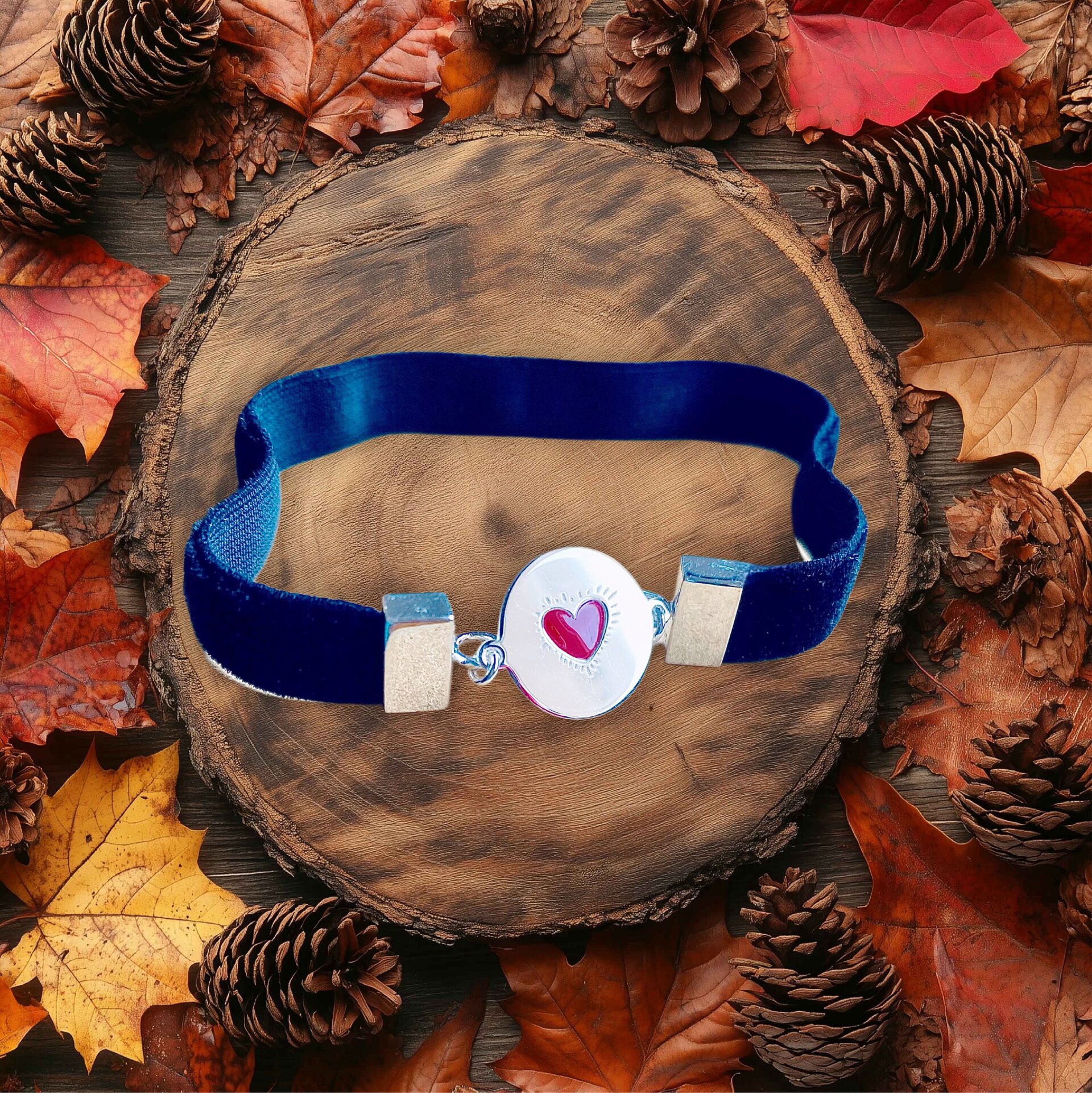 Pulsera de Plata con Corazón Esmaltado en Cinta de Terciopelo | Diseño Artesanal - 3