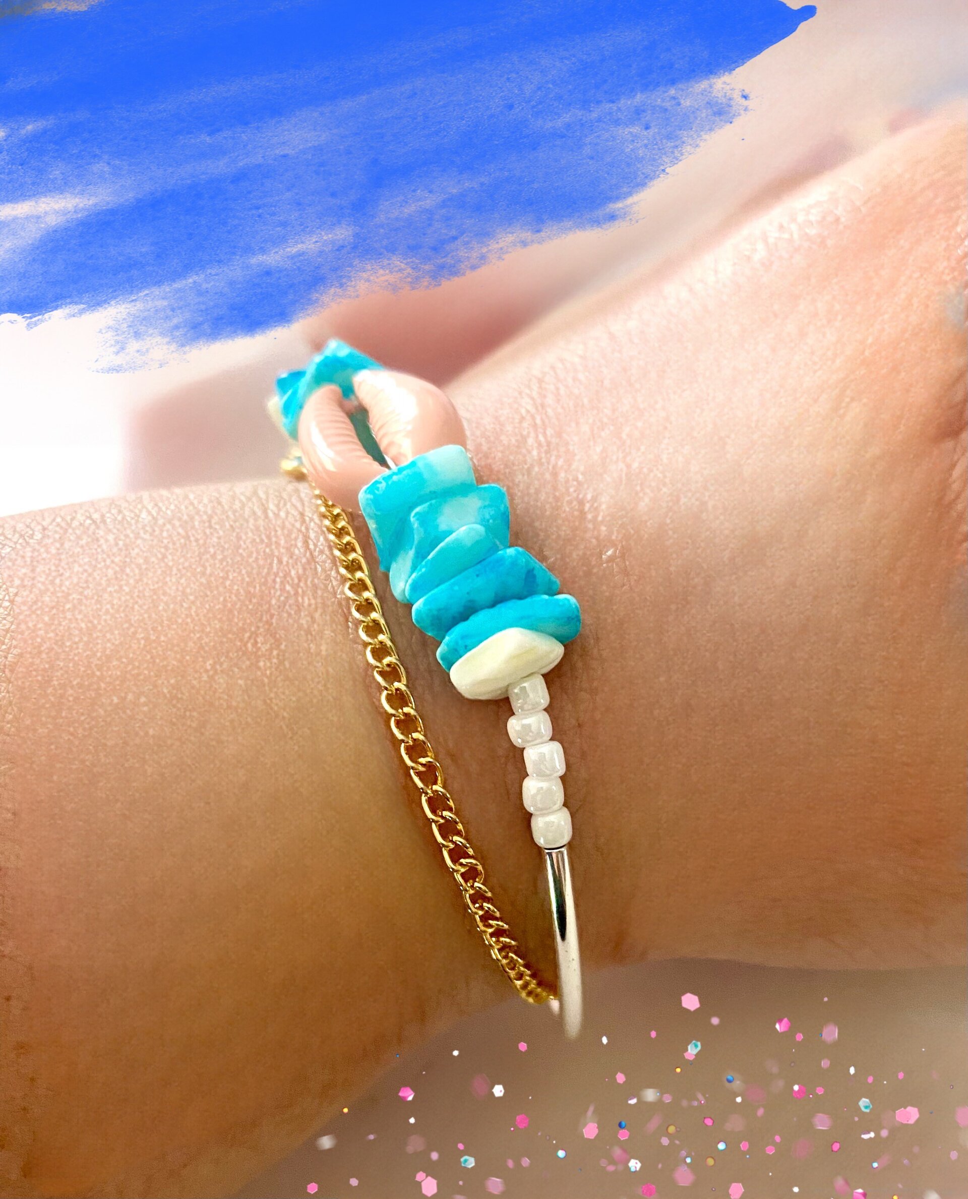 exclusiva pulsera de tubos de plata con trozos de concha y concha cowrie - 2